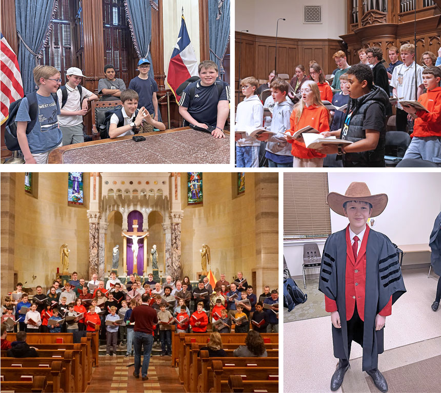 4 photos, 2 showing children singing in a choir, 1 showing a child in a cowboy hat and 1 showing children sat around a table