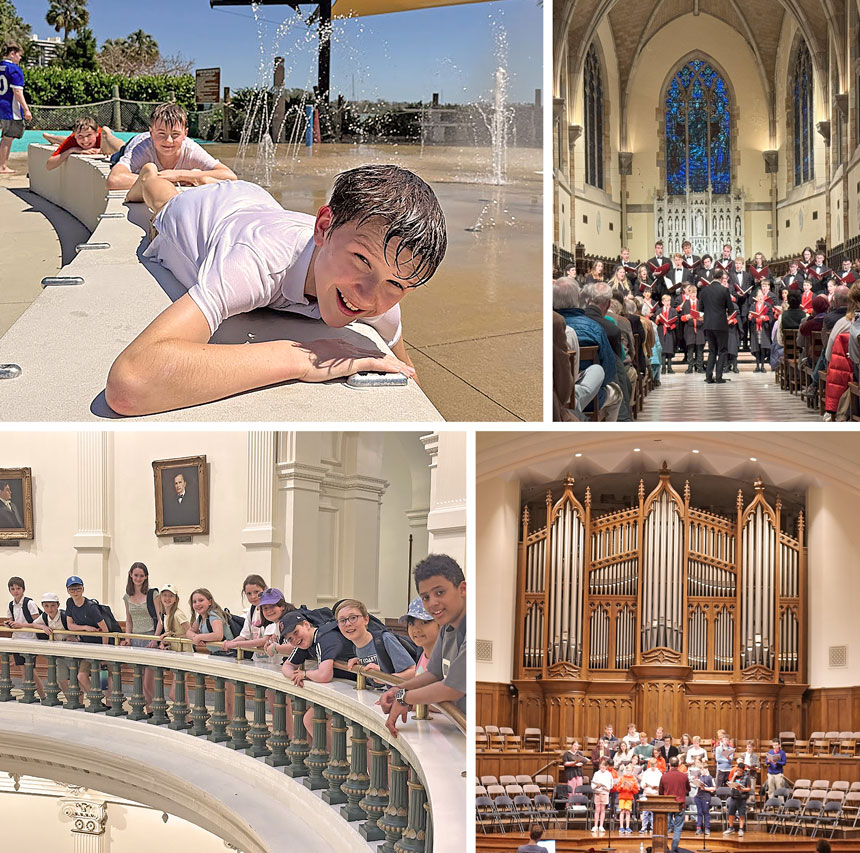 4 photos, 2 showing children singing in church choirs, 1 showing children smiling on a staircase and 1 showing 3 boys smiling under fountains