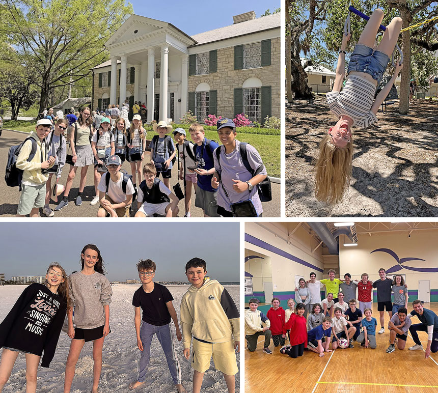 4 photos, 1 showing children outside elvis presley's house, 1 showing a children swinging upside down, 1 showing 4 children on a beach and 1 showing a group of people in a sports hall 