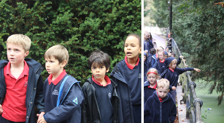 children outside walking by a river