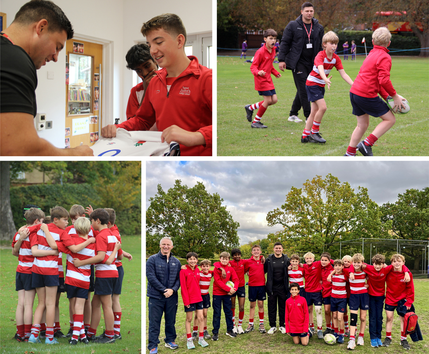 rugby player coaching younger boys on pitch