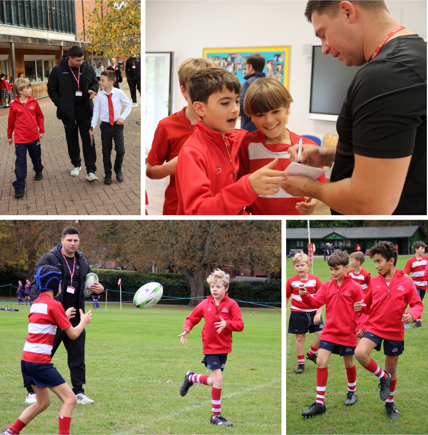 rugby player coaching younger boys on pitch