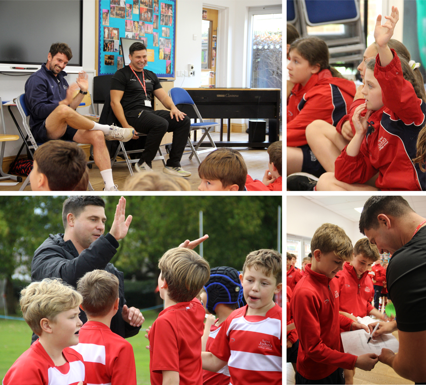 rugby player coaching younger boys on pitch