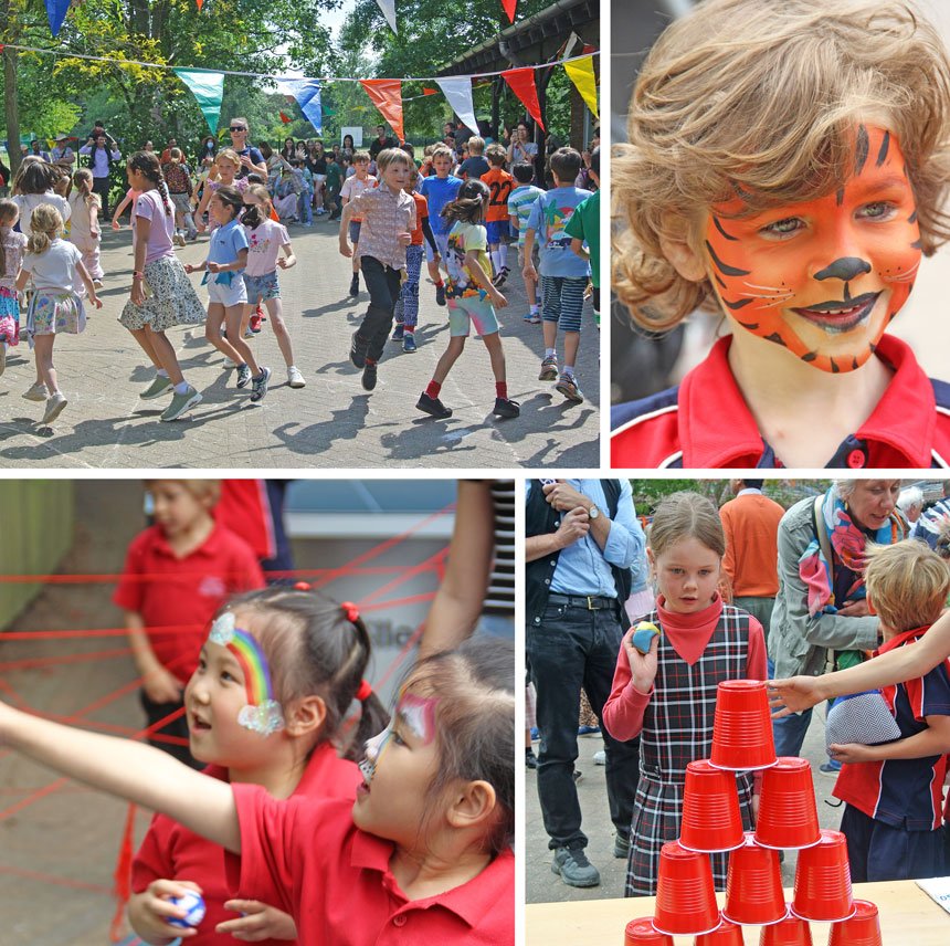 4 photos, 1 showing children dancing, 1 showing child with facepaint, 1 showing 2 children throwing and another showing child playing game
