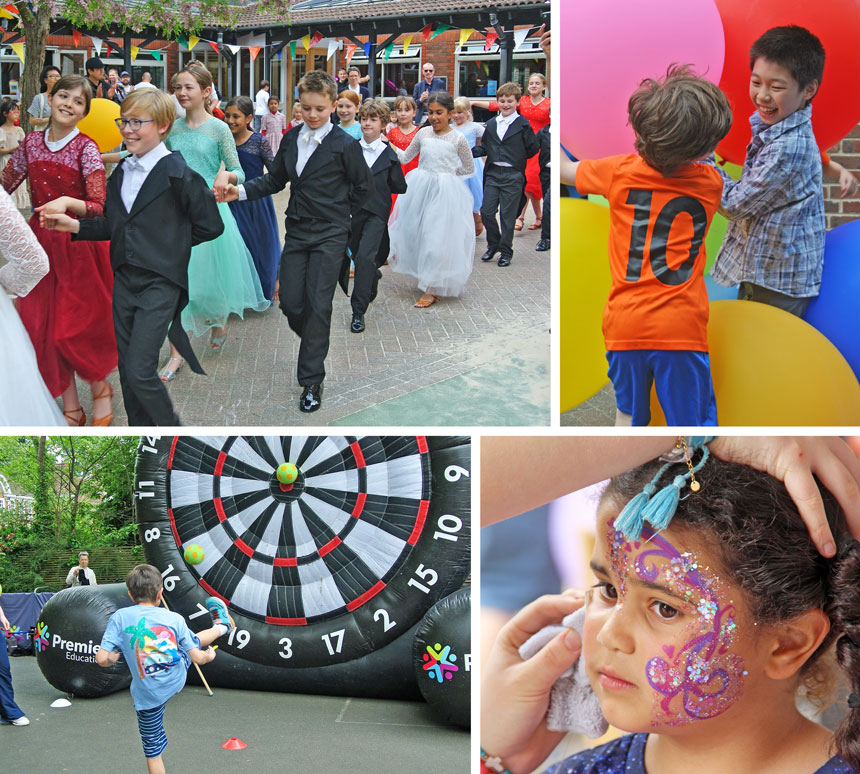 4 photos, 1 showing children dancing, 1 showing 2 children with balloons, 1 showing child with face paint, and 1 showing child playing football