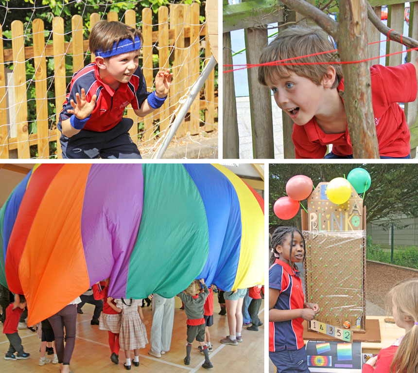 4 photos, 1 showing child in goal, 1 showing child in bush, 1 showing children with a parachute and 1 showing child with a balloon game