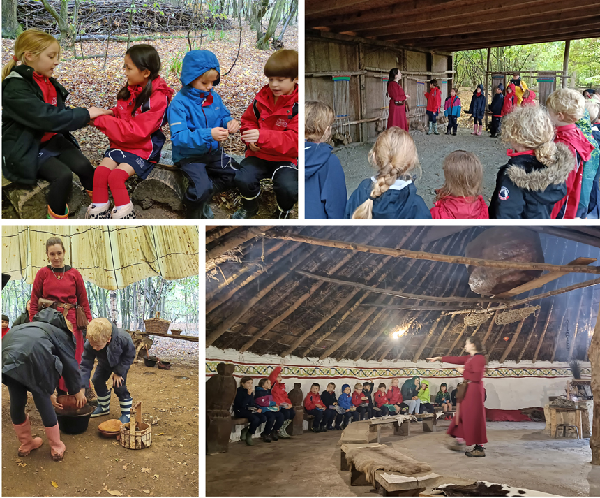 children walking around an iron age fort