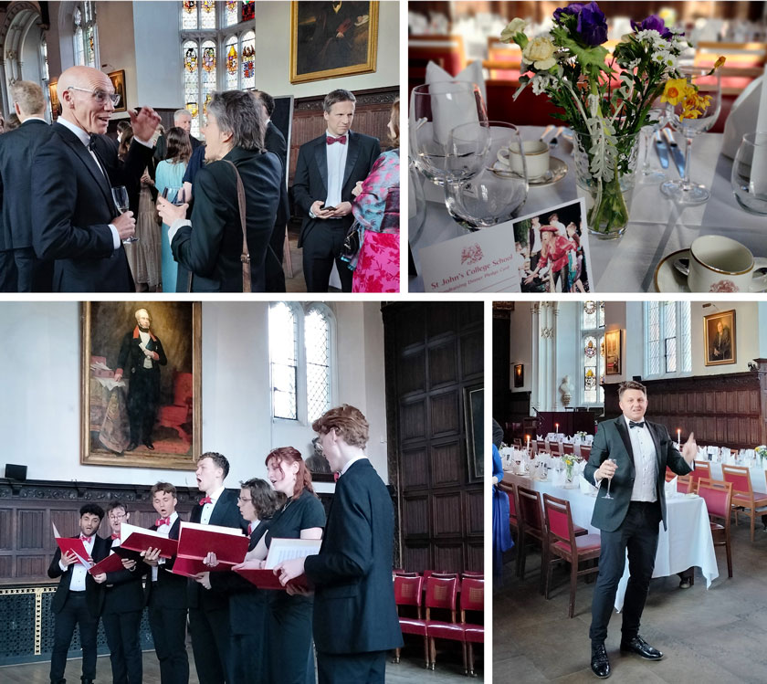 4 photos showing guests at a fancy dinner