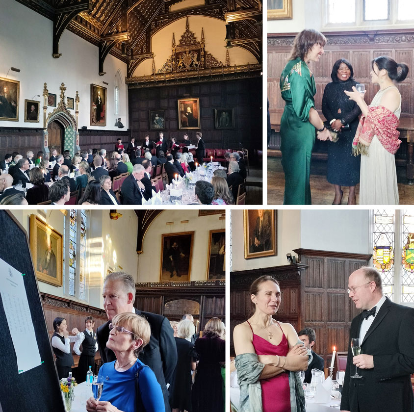 4 photos showing guests at a fancy dinner
