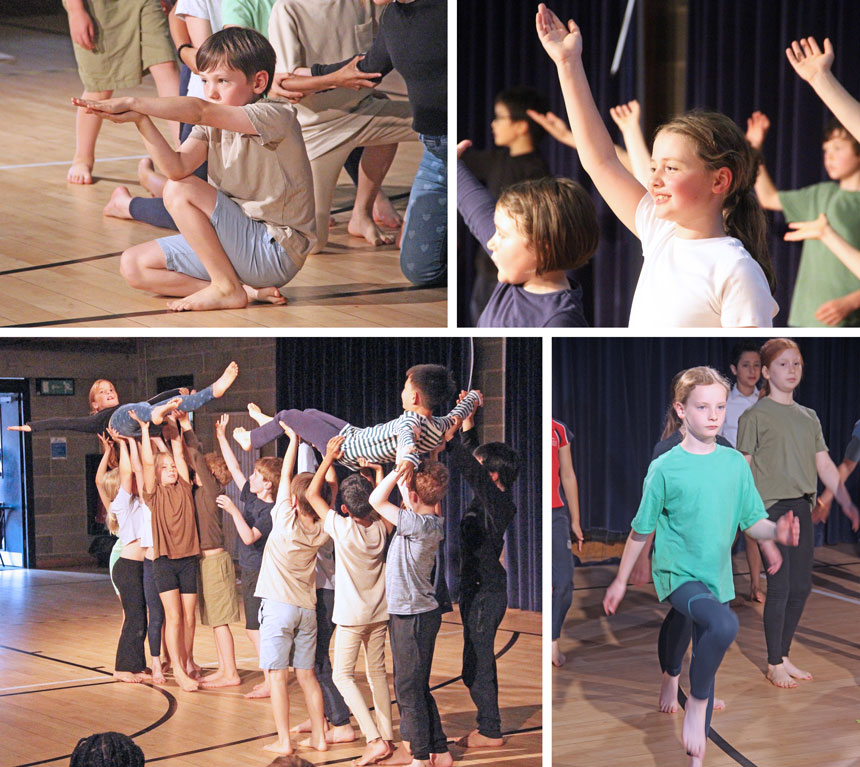 4 photos showing children dancing in a play