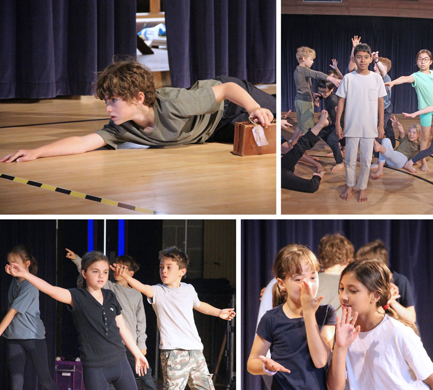 4 photos showing children dancing in a play