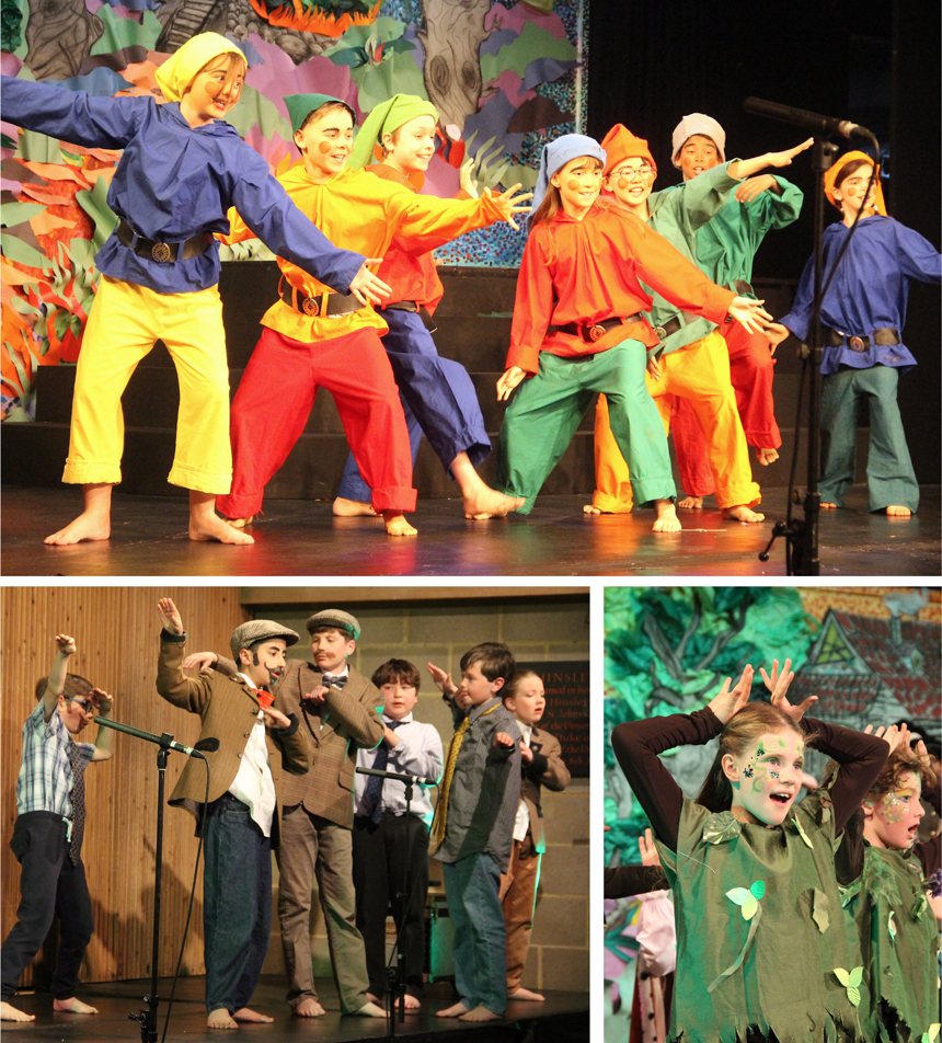 children acting on a stage in costumes