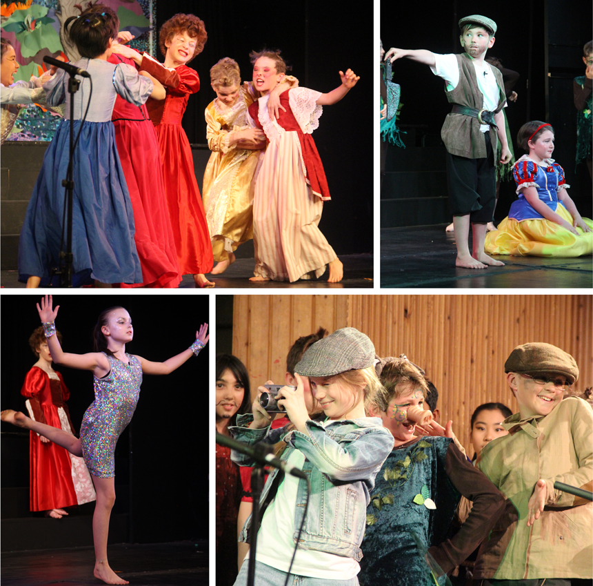 children acting on a stage in costumes