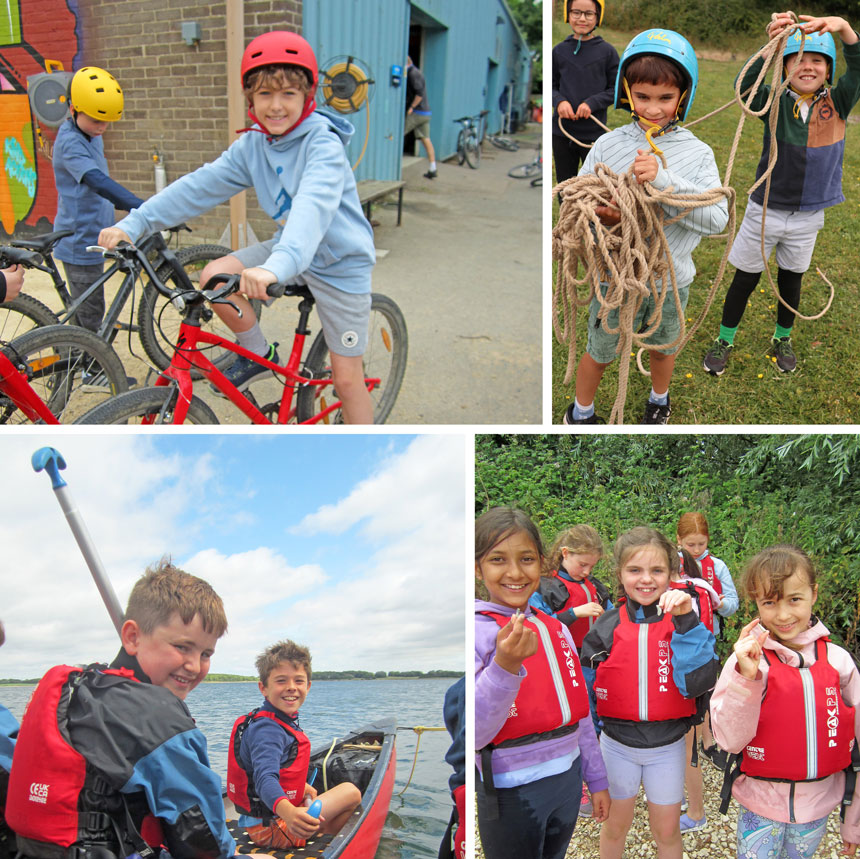 4 photographs showing children biking and canoeing