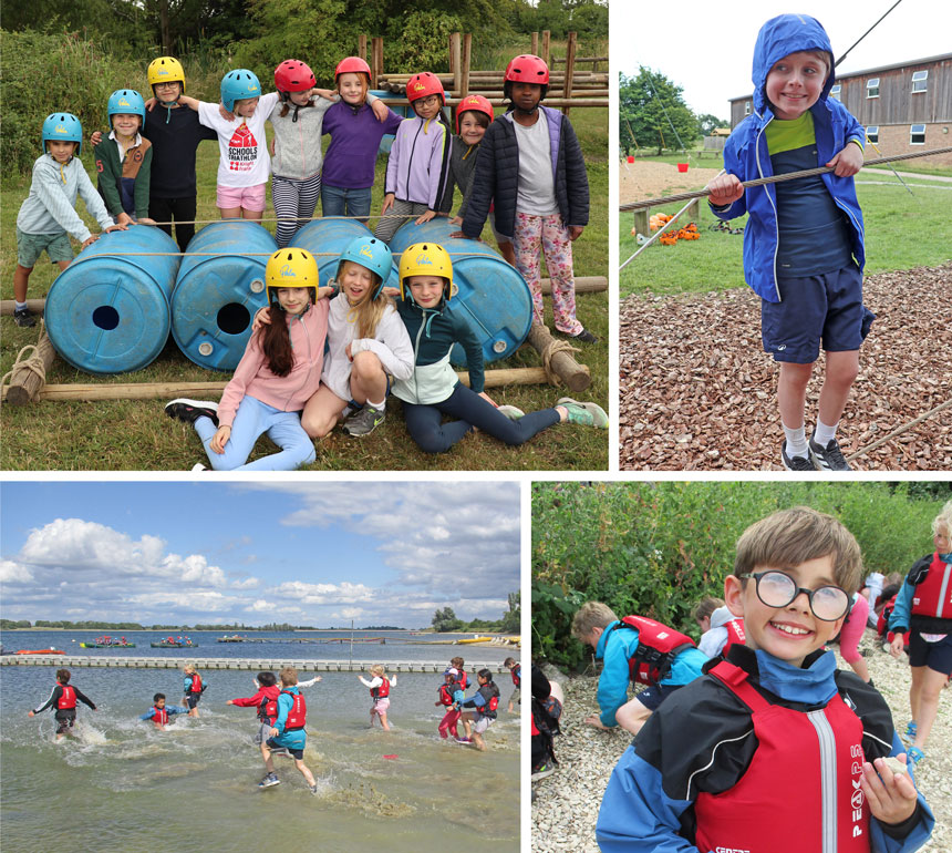 4 photographs showing children having fun in a park and by a lake