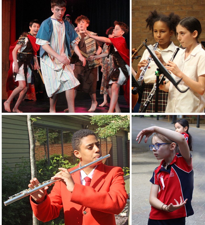 children performing on stage and playing instruments