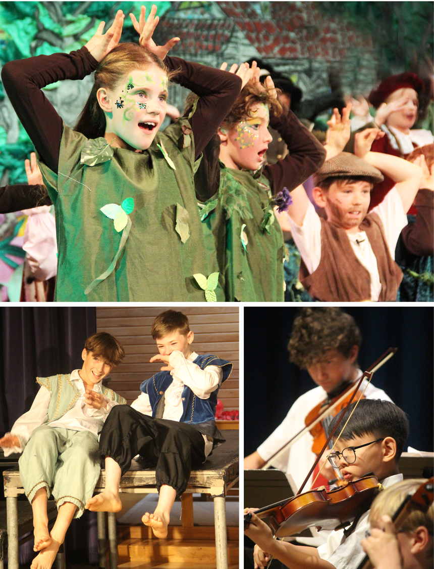 children performing on stage and playing instruments