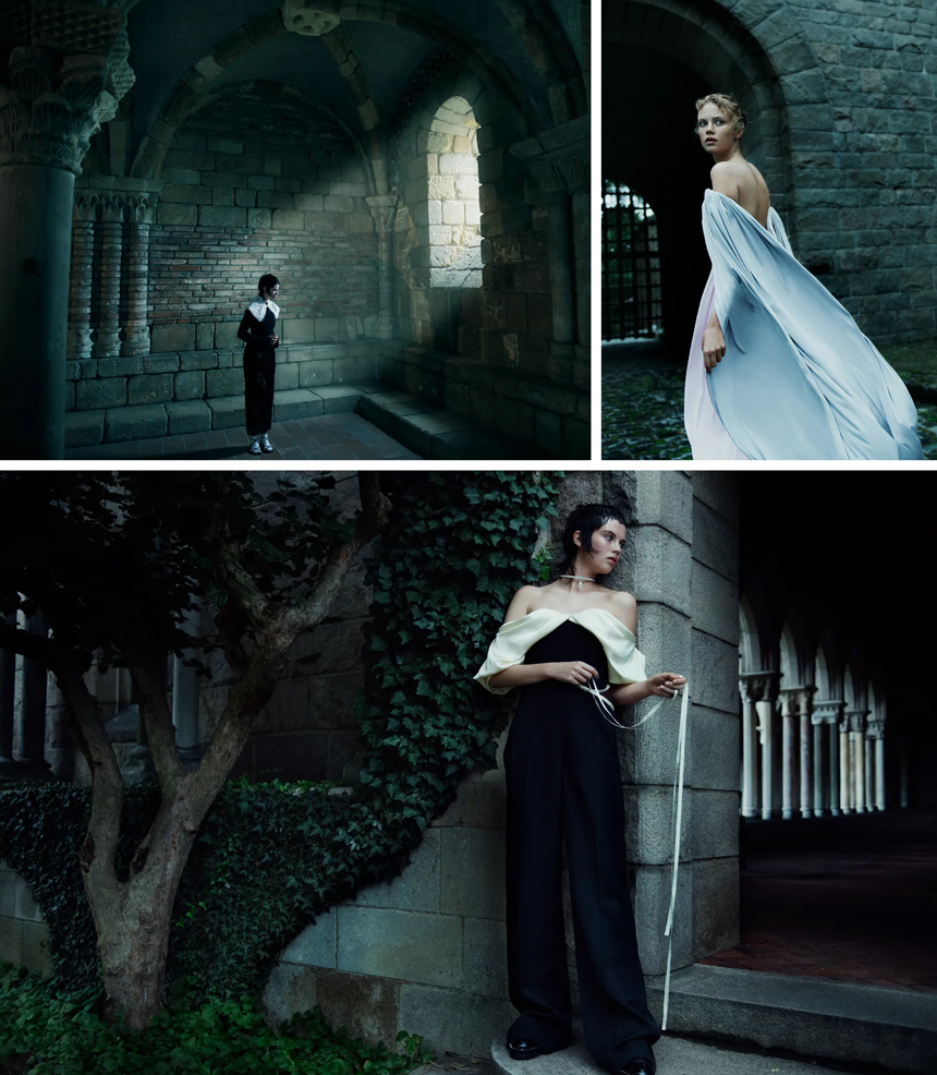 woman in dark castle cellar modelling for a magazine