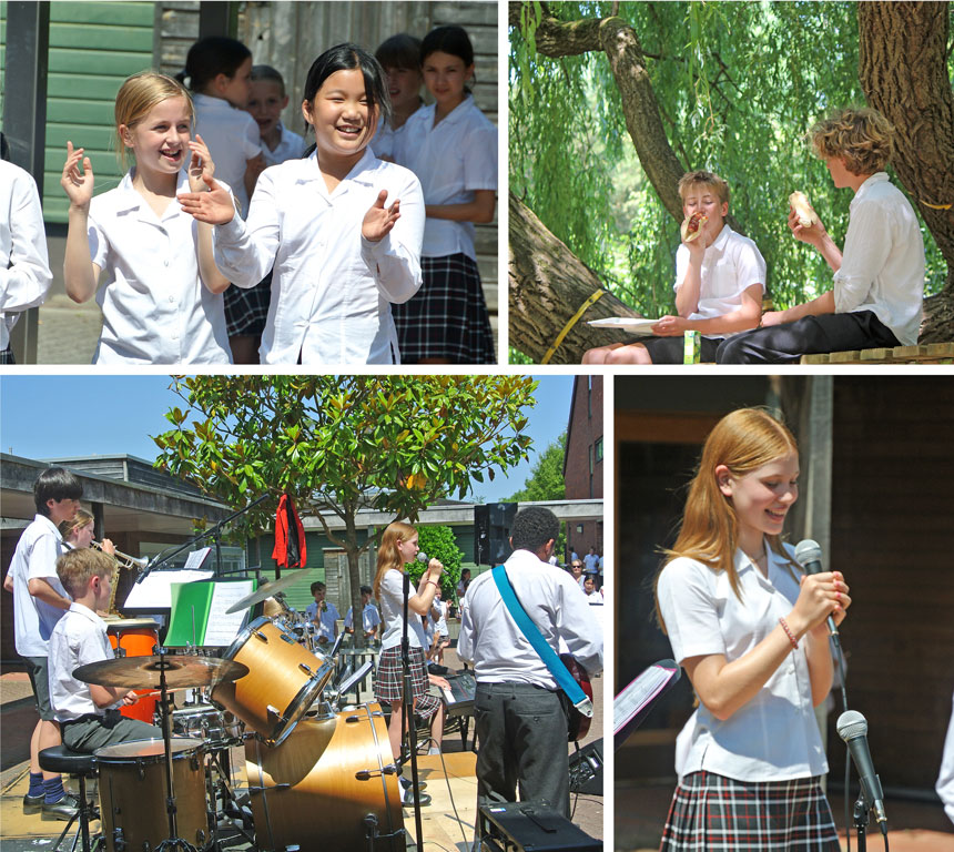 4 photographs of children enjoying a BBQ and jazz band in the sun