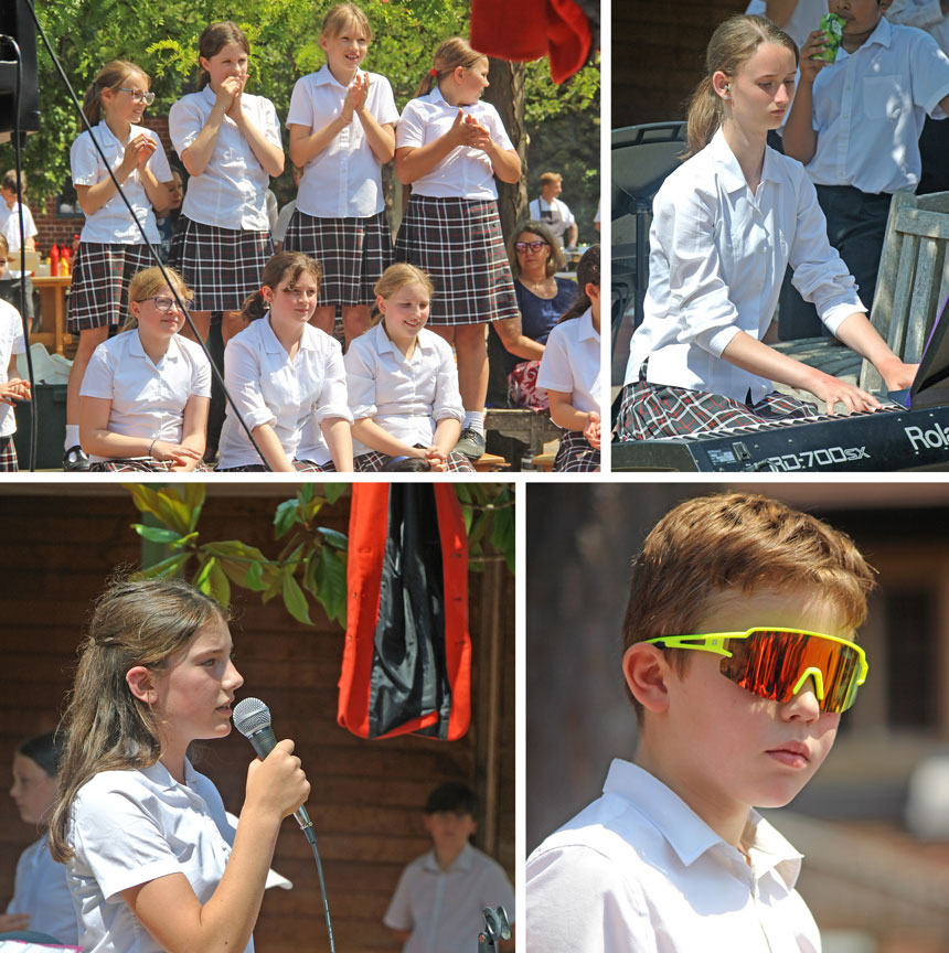 4 photographs of children enjoying a BBQ and jazz band in the sun