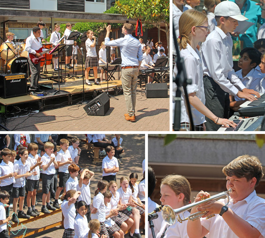 4 photographs of children enjoying a BBQ and jazz band in the sun