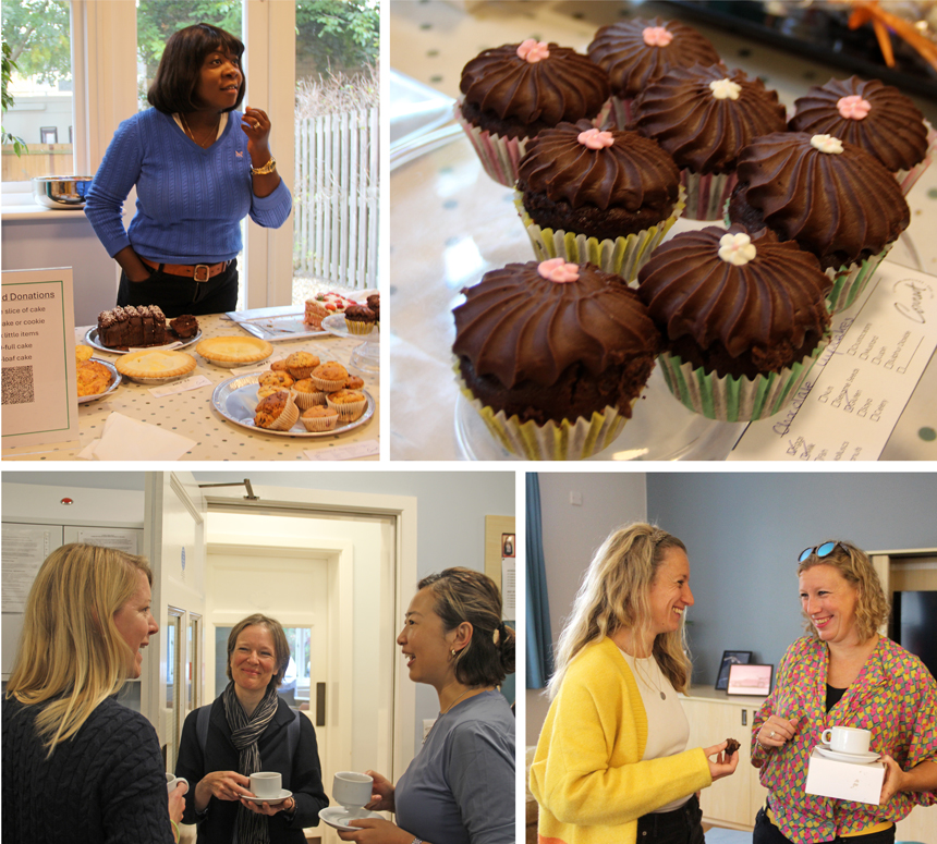 adults standing in a house eating cake and drinking coffee