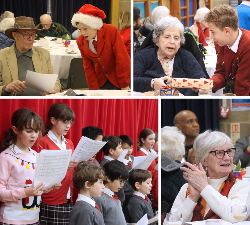4 photos of children talking to OAPs