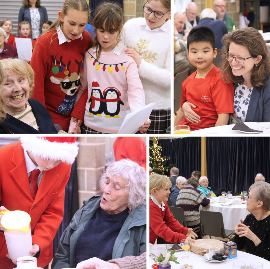 4 photos of children talking to OAPs