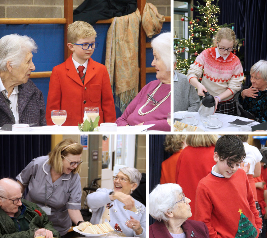 4 photos of children talking to OAPs