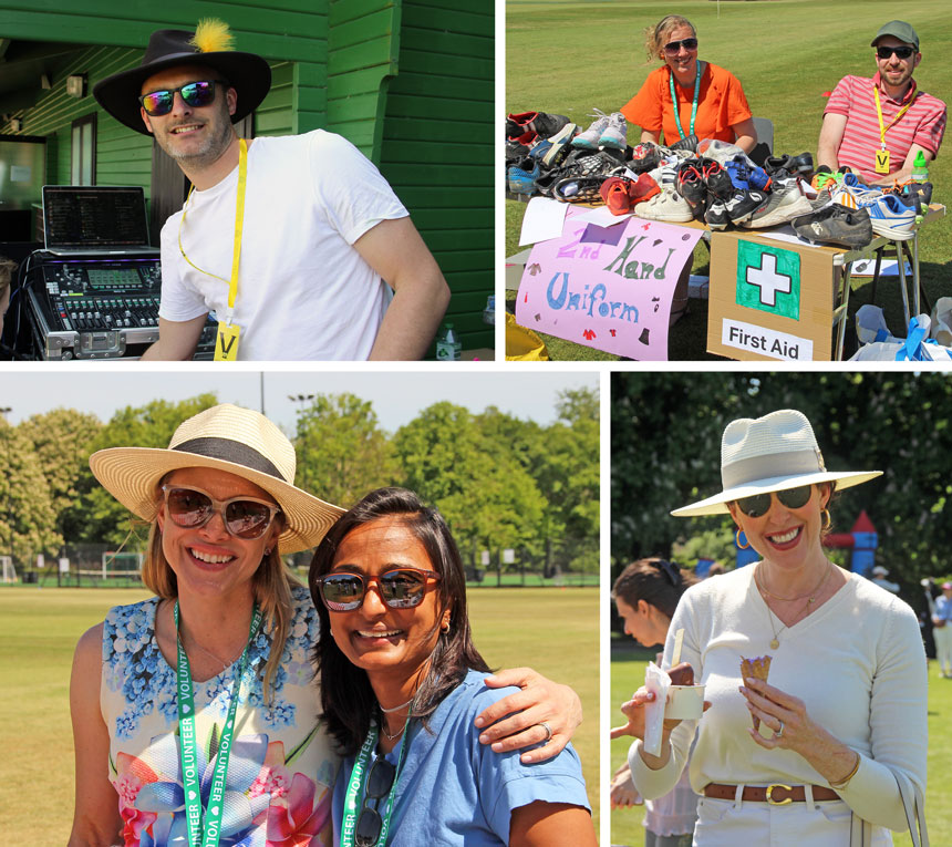 4 photos, 1 showing a man DJ-ing in a hat, another showing a couple at a stall, another 2 women in sunglasses and another a woman in a hat