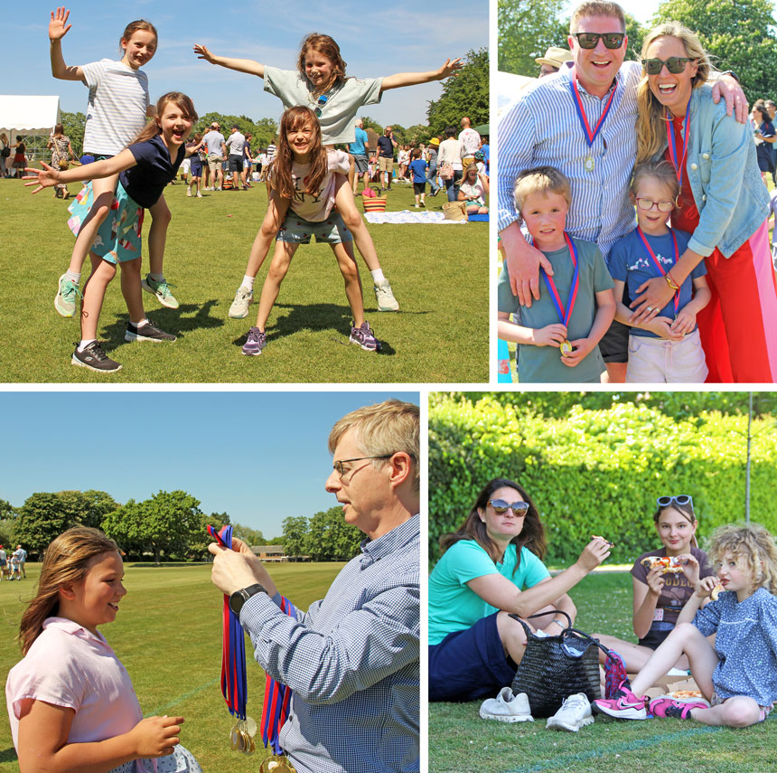 4 photos, 1 showing children doing piggy-backs, a family with medals, a man presenting a medal to a child and a family eating pizza