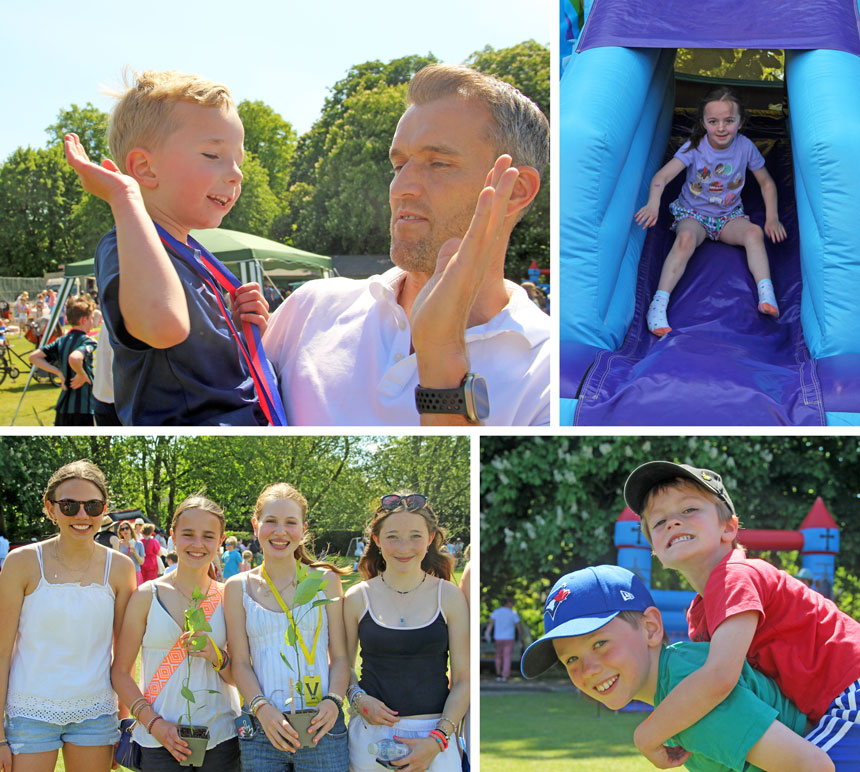4 photos, 1 showing a child high fiving after a race, another a child on a bouncy castle, another 4 children holding plants and finally a child carrying another child