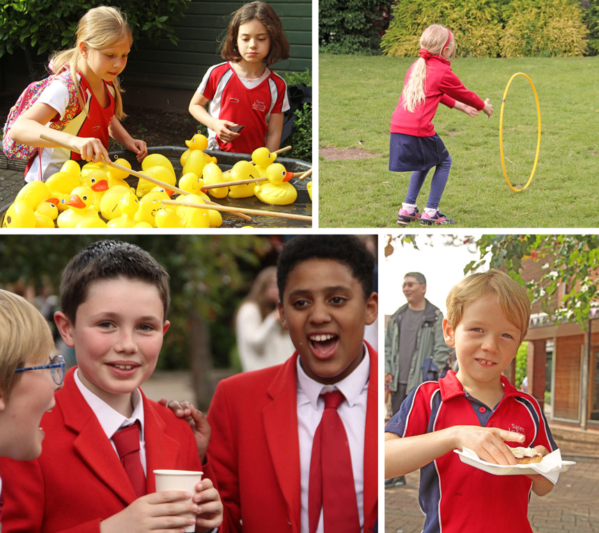 4 photographs showing children laughing, playing and eating