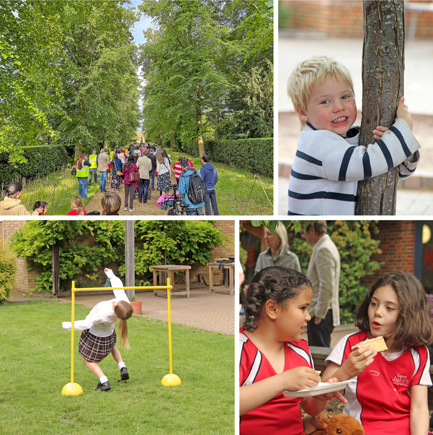 3 photos showing children playing and 1 photo showing a large group walking 