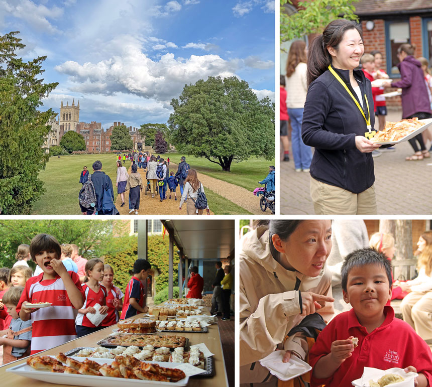 2 photos showing children eating, 1 showing a woman holding pizza and 1 showing a large group by St John's College Cambridge