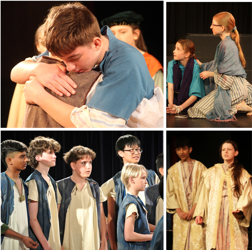 children acting on stage in costume