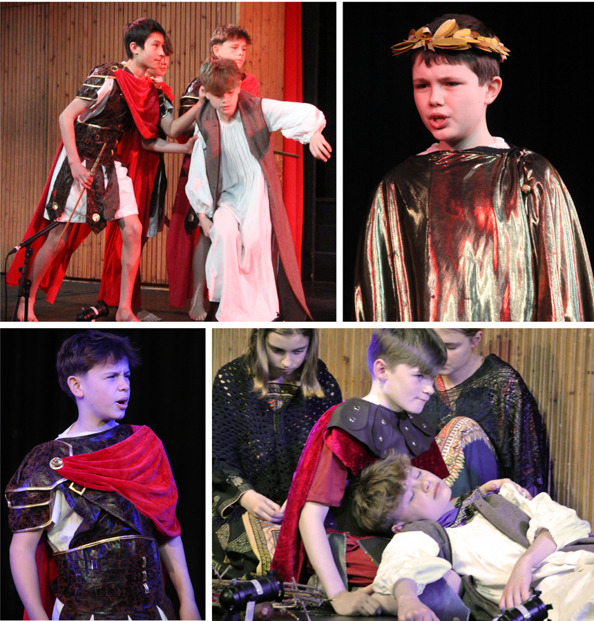 children acting on stage in costume