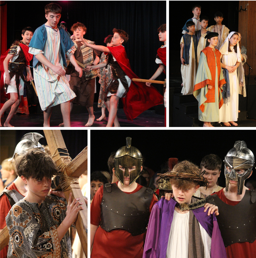 children acting on stage in costumes
