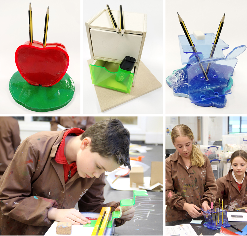 children presenting their design project on pen tidies in a classroom