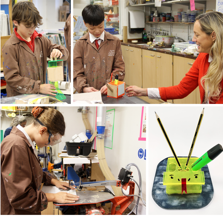 children presenting their design project on pen tidies in a classroom