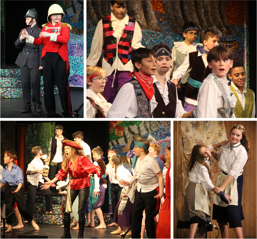 children dressed in pirates costumes acting on stage