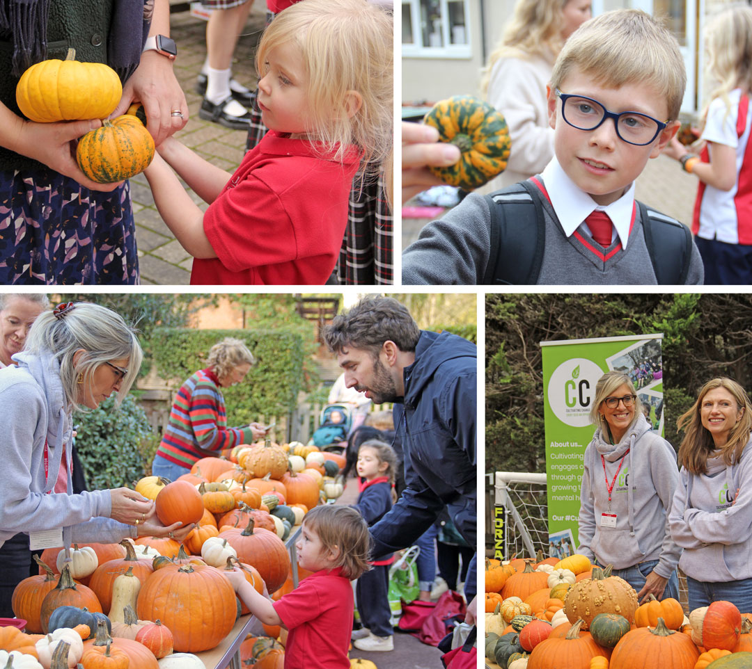 4 images of children with pumpkins