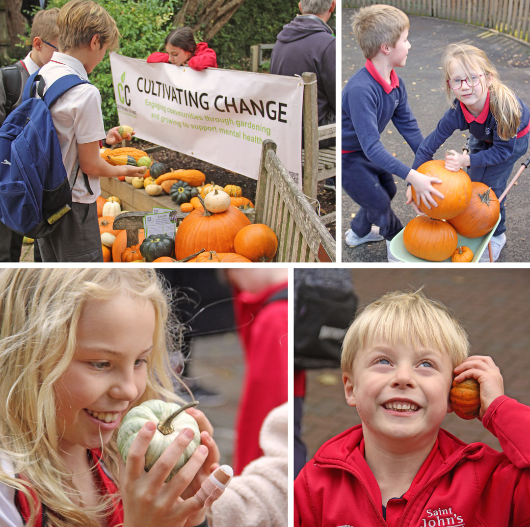4 images of children with pumpkins