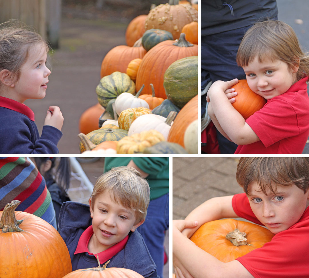 4 images of children with pumpkins