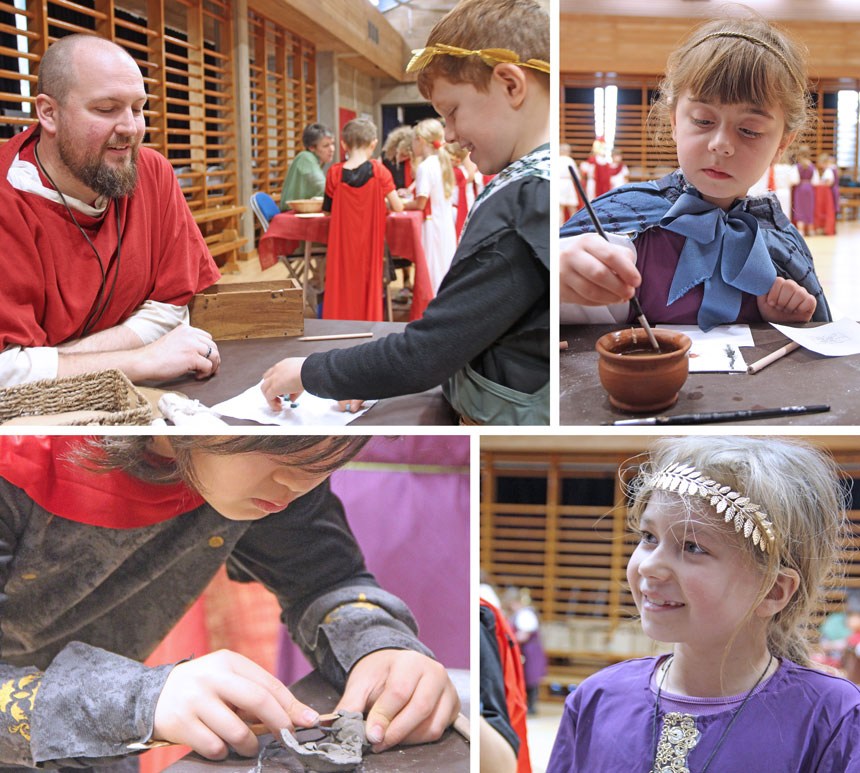 4 photos of children dressed as Romans
