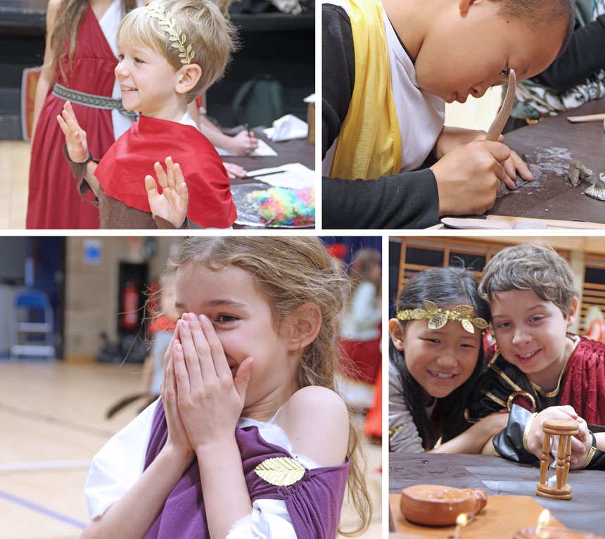 4 photos of children dressed as Romans