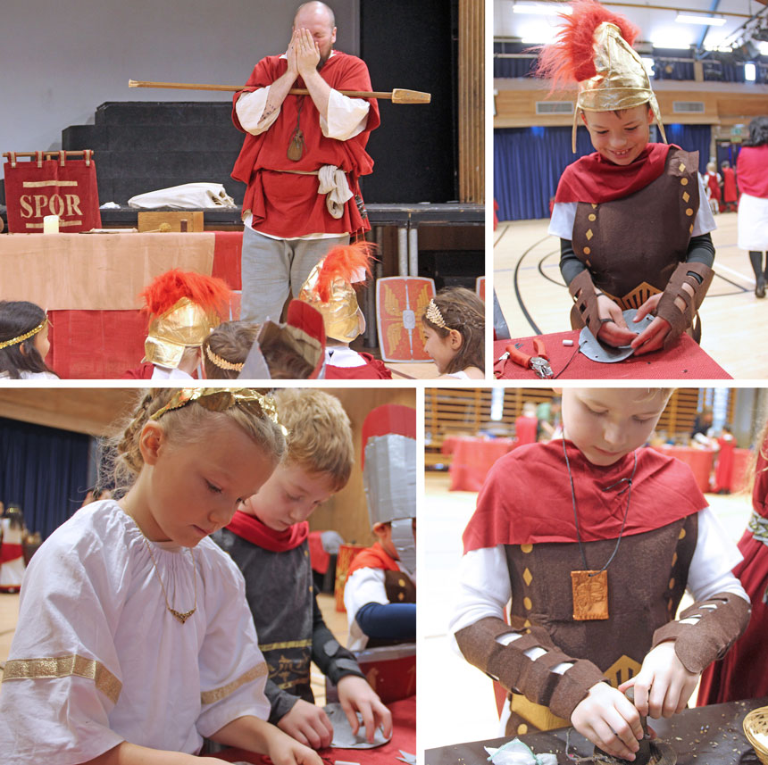 4 photos of children dressed as Romans