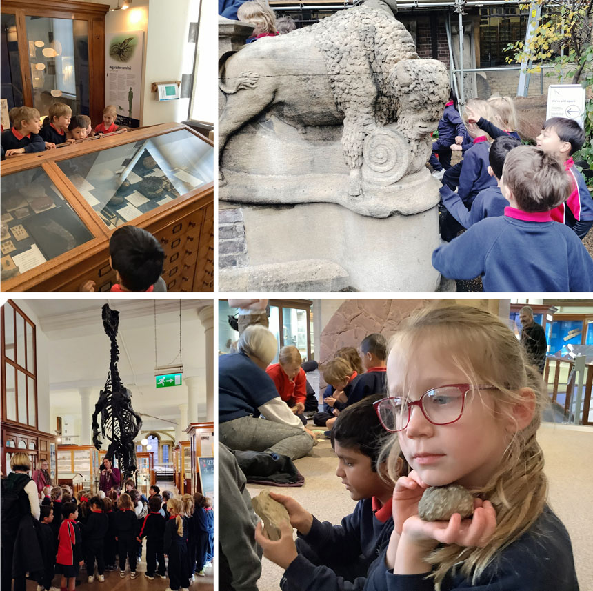 children looking at dinosaur bones in a museum