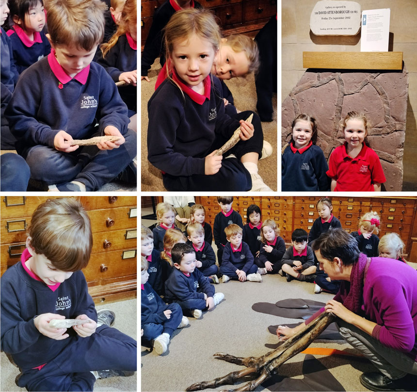 children looking at dinosaur bones in a museum