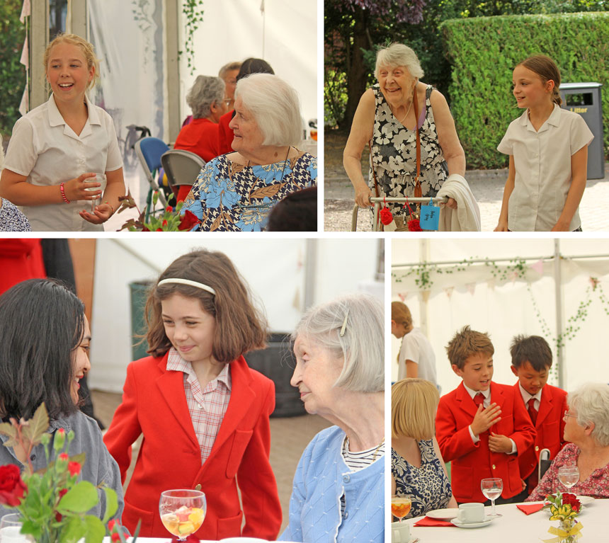 4 photos of children and senior citizens at a tea party